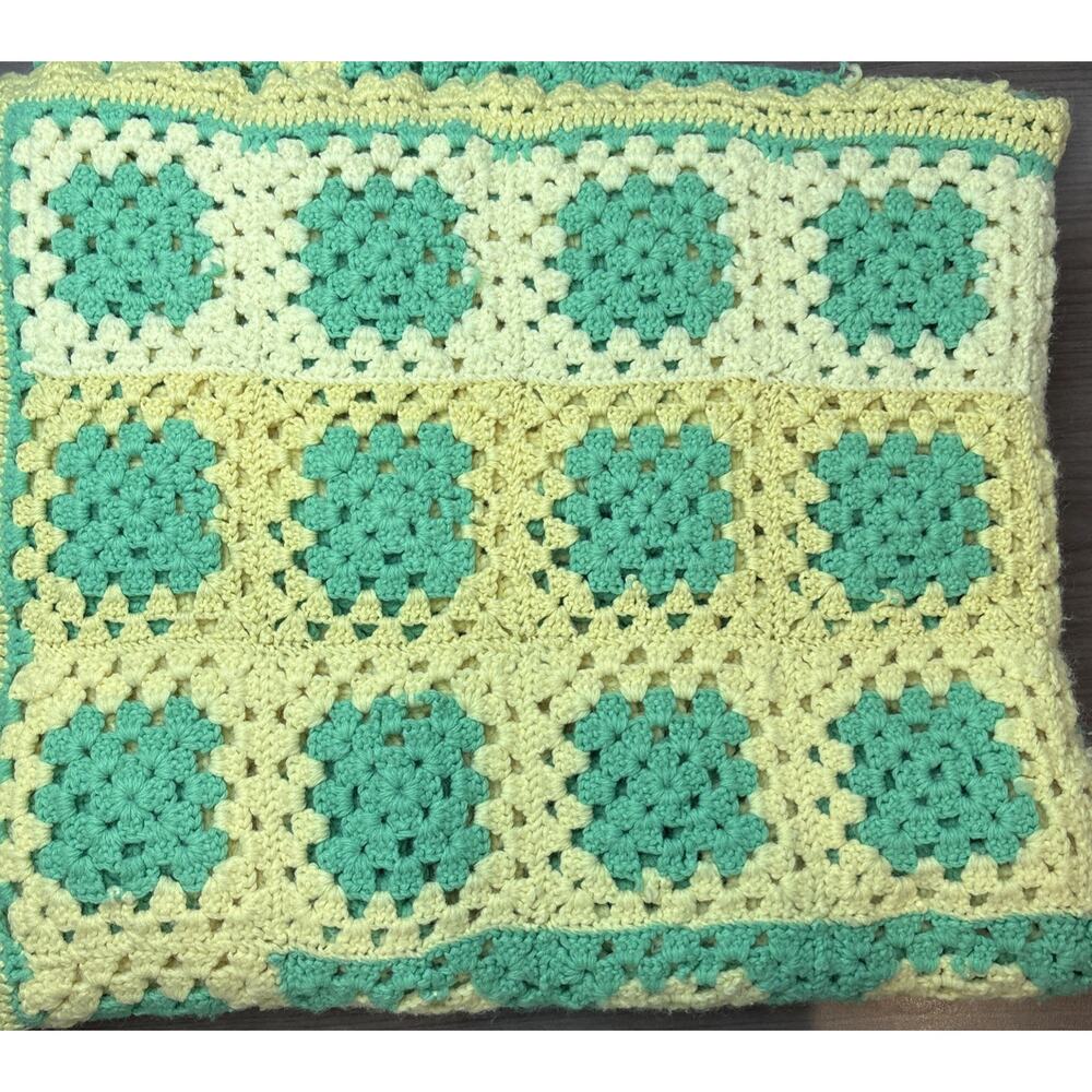 Handmade Crochet Granny Squares Throw Blanket Green And Yellow Afghan 82”x47” - Picture 2 of 9